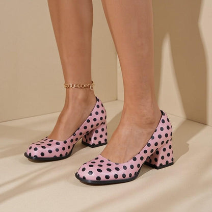 Pink Polka Dot Heels, Retro Block Heel Pumps, Black Spot Dress Shoes