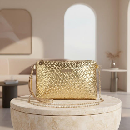 Metallic Gold Clutch Bag, Woven Gold Crossbody Purse, Chain Shoulder Bag, Gold Evening Handbag, Elegant Party Purse