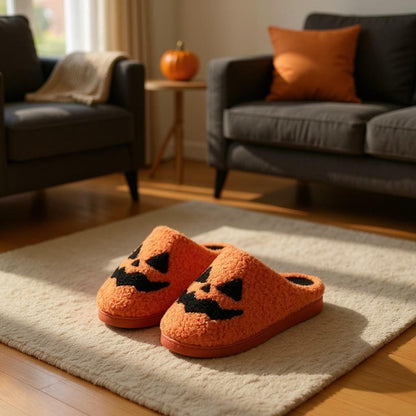 Pumpkin Slippers, Halloween Jack O Lantern House Shoes, Cozy Fuzzy Slippers
