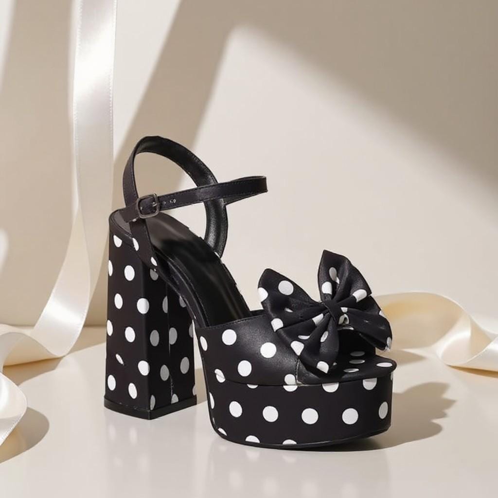 Black Polka Dot Platform Heels, Bow High Heel Sandals, White Dot Chunky Heels, Women's Statement Shoes