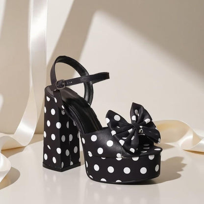Black Polka Dot Platform Heels, Bow High Heel Sandals, White Dot Chunky Heels, Women's Statement Shoes