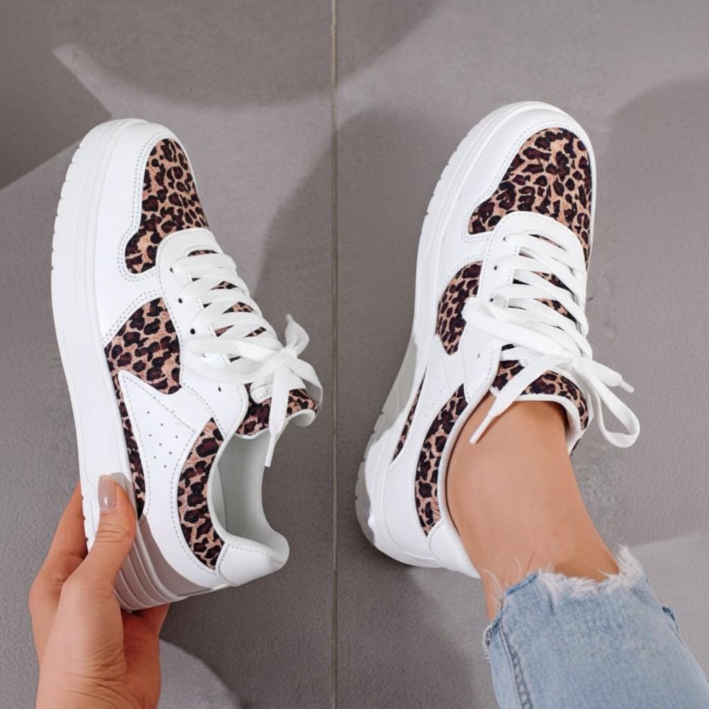 Leopard Print Sneakers for Women, White Low Top Shoes with Animal Print Panels