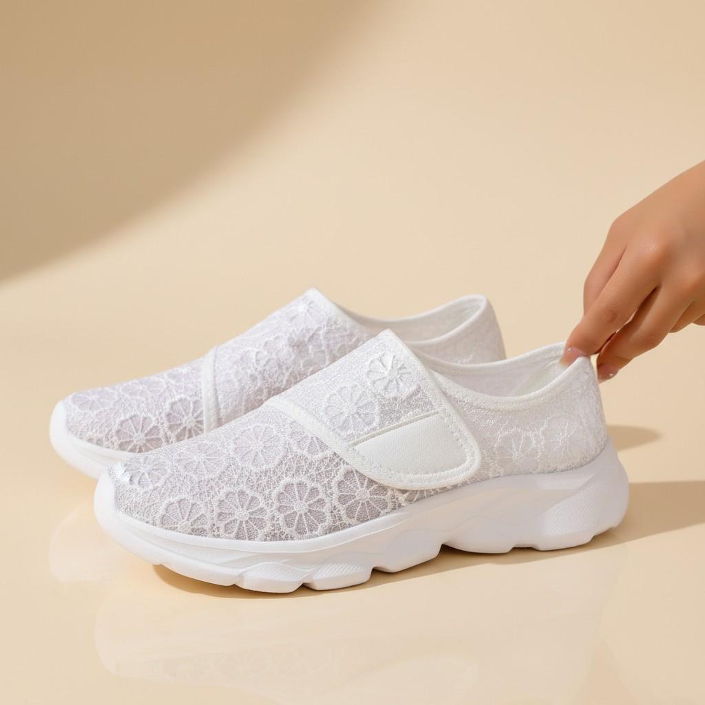 White Floral Mary Jane Sneakers, Mesh Slip On Shoes, Women's Casual Summer Shoes