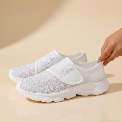 White Floral Mary Jane Sneakers, Mesh Slip On Shoes, Women's Casual Summer Shoes