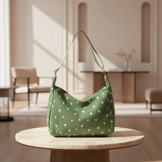 Sage Green Heart Shoulder Bag, Cute Hobo Purse, White Heart Print Handbag, Y2K Style Everyday Bag