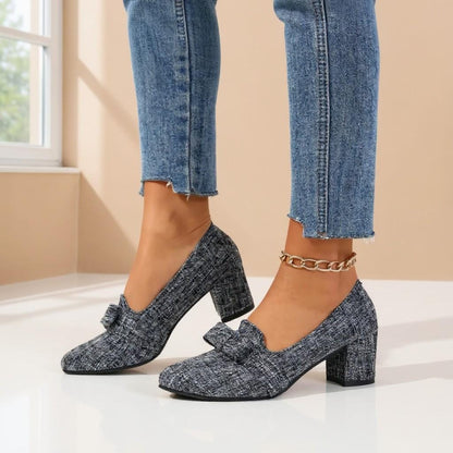 Gray Tweed Mary Jane Heels, Bow Block Heel Pumps, Vintage Inspired Shoes