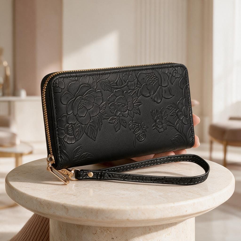 Black Floral Wristlet Wallet, Embossed Zip Wallet for Women, Elegant Purse