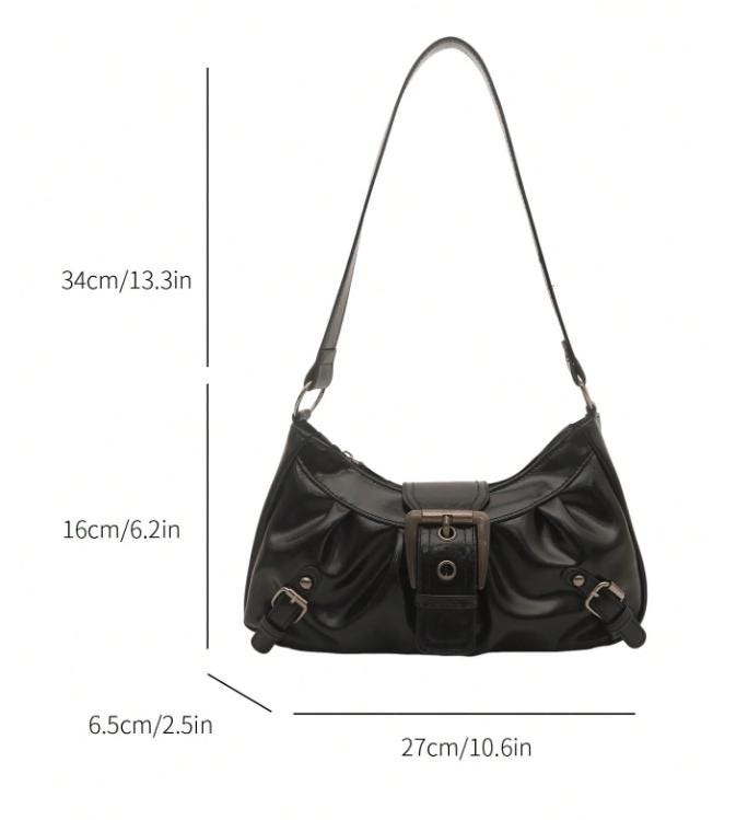 Black Buckle Shoulder Bag, Y2K Baguette Purse, Glossy Handbag, Retro Small Bag