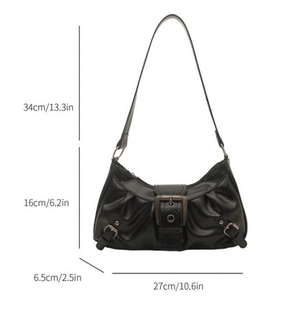 Black Buckle Shoulder Bag, Y2K Baguette Purse, Glossy Handbag, Retro Small Bag