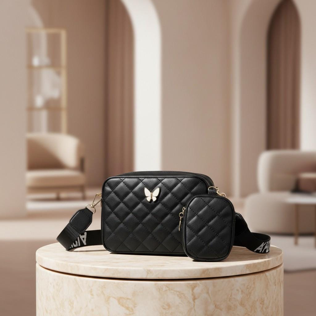 Black Quilted Crossbody Bag for Women, Small Shoulder Purse, Adjustable Strap, Everyday Handbag with Mini Pouch