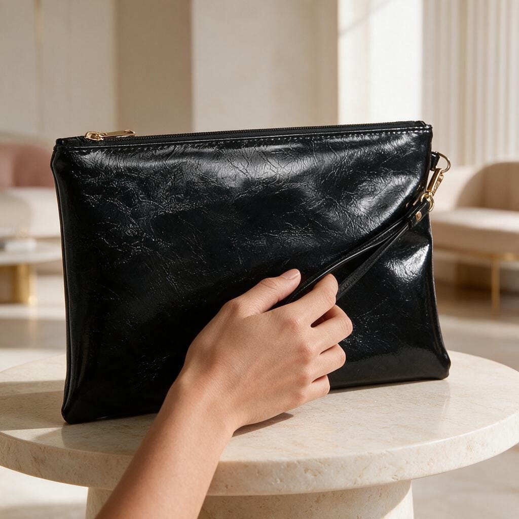 Black Oversized Clutch Bag, Glossy Evening Purse, Large Black Pouch Bag, Minimalist Handbag, Zip Top Night Out Clutch