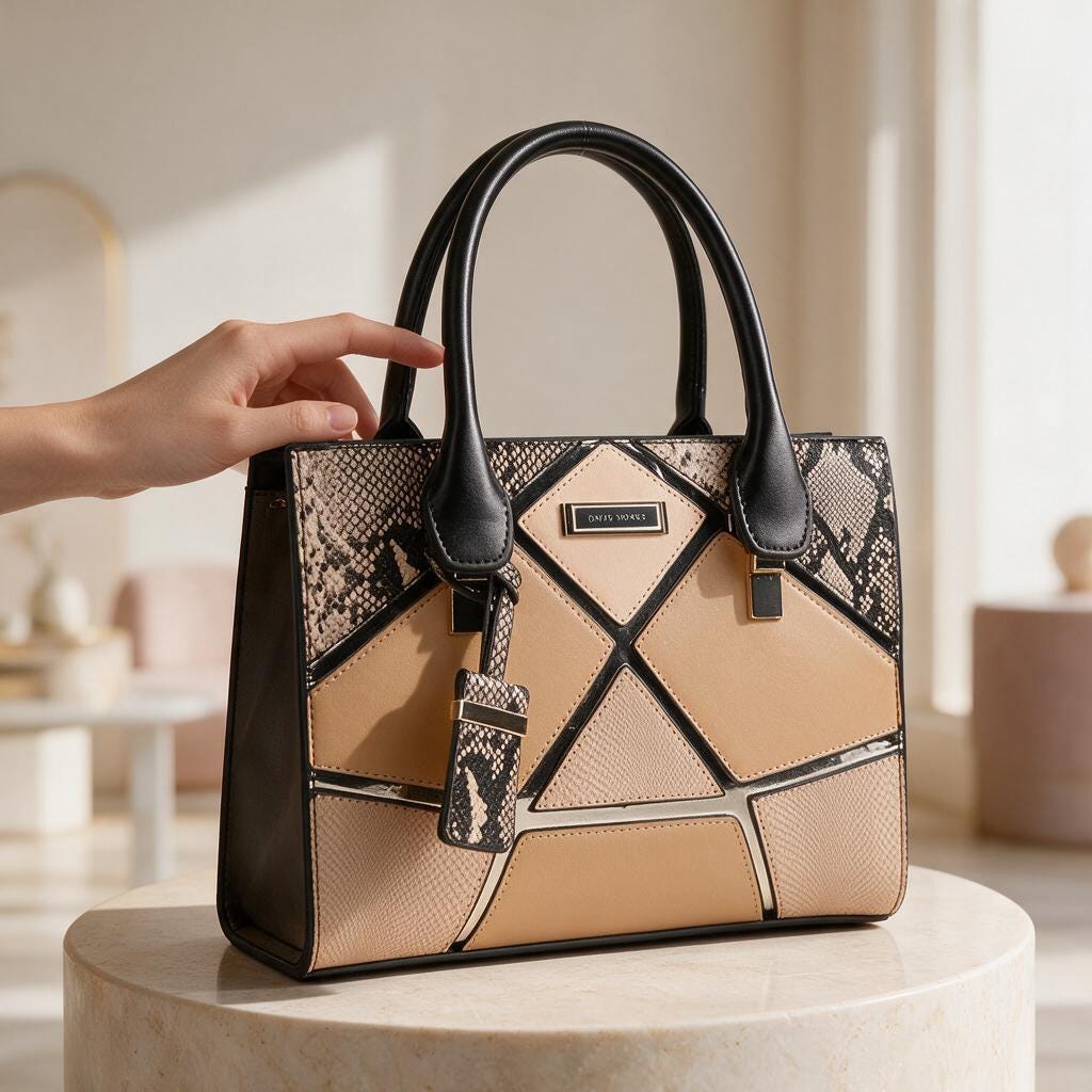 Geometric Color Block Tote Bag, Snake Print Handbag, Structured Top Handle Purse, Beige Tan Shoulder Bag, Women's Work Bag
