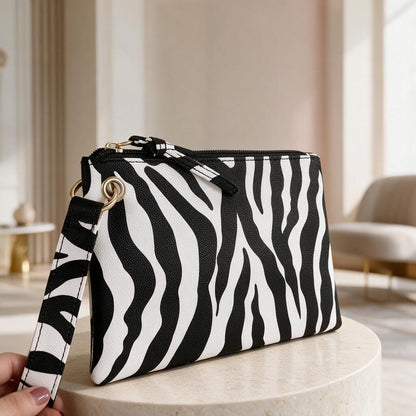 Zebra Print Clutch Bag, Black White Wristlet Purse, Animal Print Evening Bag, Zebra Pouch, Statement Party Clutch