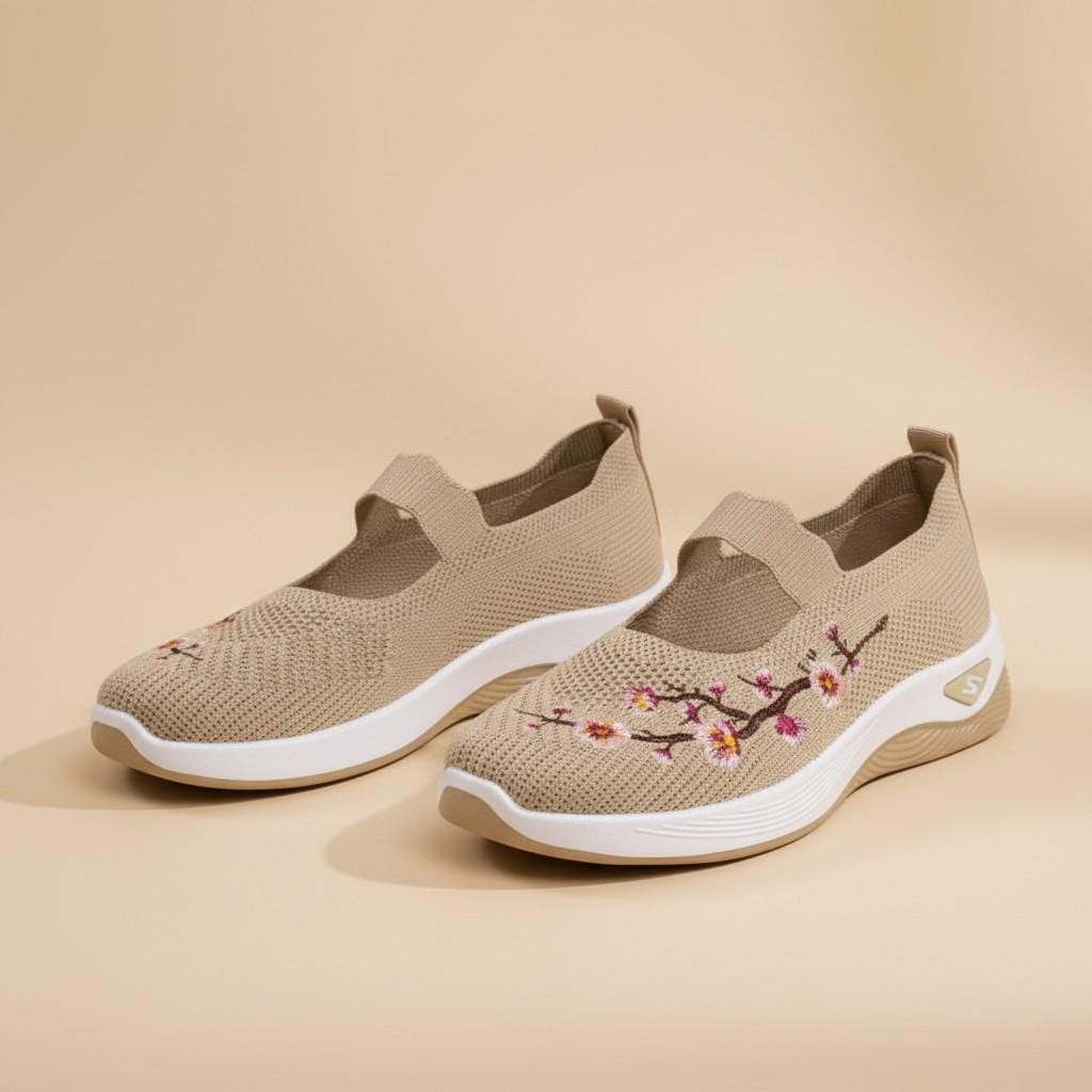 Floral Mary Jane Sneakers for Women, Beige Knit Shoes, Embroidered Casual Walking Flats