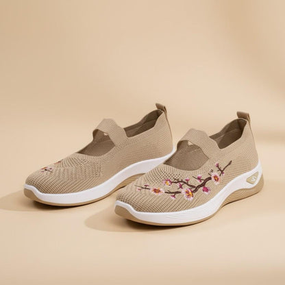 Floral Mary Jane Sneakers for Women, Beige Knit Shoes, Embroidered Casual Walking Flats