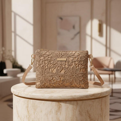 Beige Floral Embroidered Crossbody Bag, Boho Shoulder Purse, Women's Everyday Bag