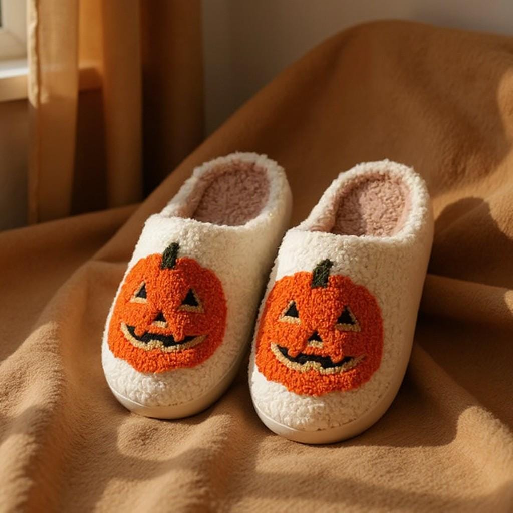 Pumpkin Slippers, Jack O Lantern House Shoes, Fuzzy Halloween Slippers