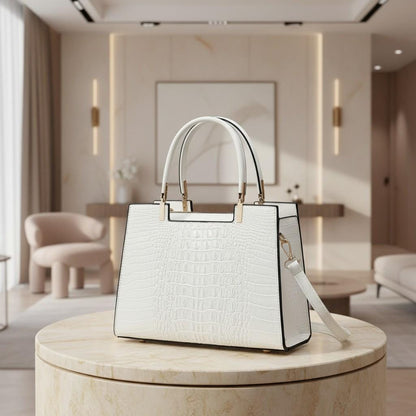 White Croc Embossed Handbag, Structured Top Handle Bag, Women's Shoulder Crossbody Purse, Elegant White Satchel