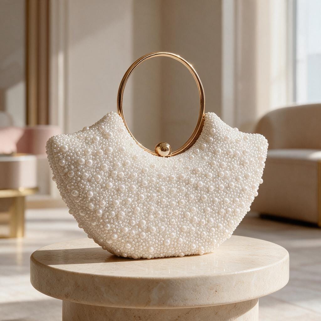White Pearl Beaded Bag, Gold Ring Handle Evening Purse, Bridal Wedding Handbag