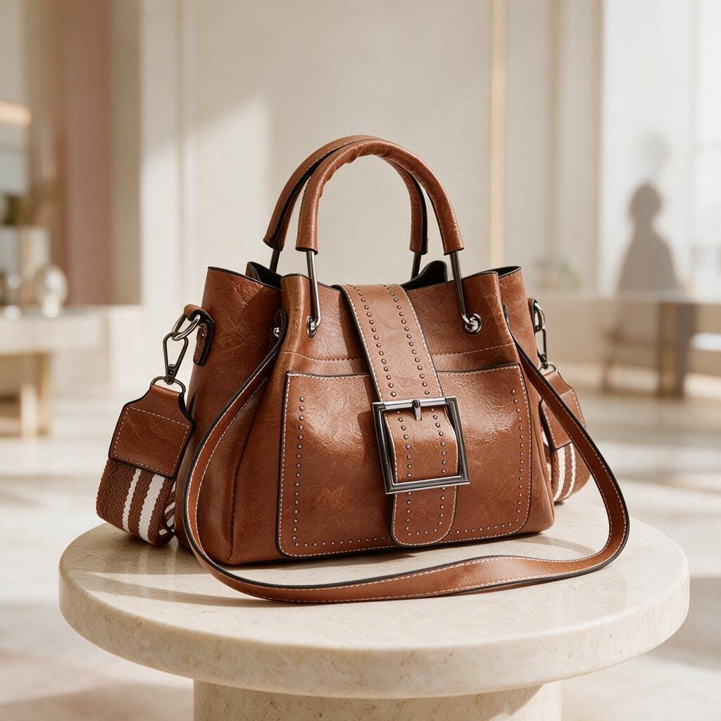 Brown Bucket Bag, Women's Structured Handbag, Top Handle Purse, Cognac Shoulder Bag, Buckle Crossbody Bag