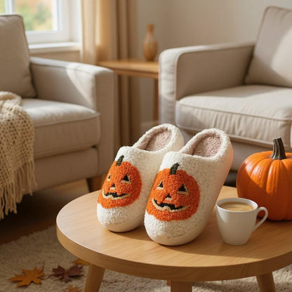 Pumpkin Slippers, Jack O Lantern House Shoes, Fuzzy Halloween Slippers