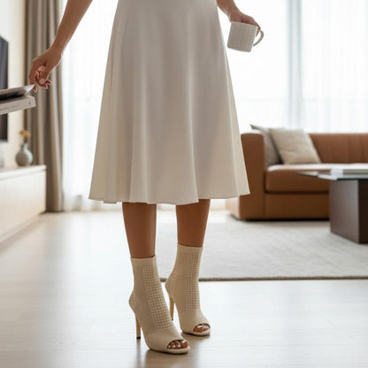 Ivory Mesh Peep Toe Booties, Open Toe High Heel Ankle Boots, White Stiletto Heels, Women's Summer Shoes