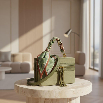 Olive Green Top Handle Bag, Scarf Handle Purse, Tassel Crossbody Bag, Structured Shoulder Handbag