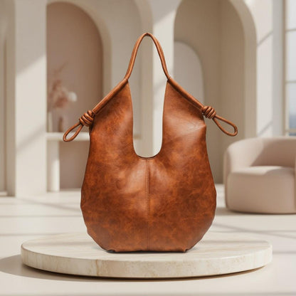 Brown Hobo Shoulder Bag, Slouchy Large Purse, Cognac Everyday Handbag, Boho Shoulder Bag, Knot Detail Tote, Women's Bag