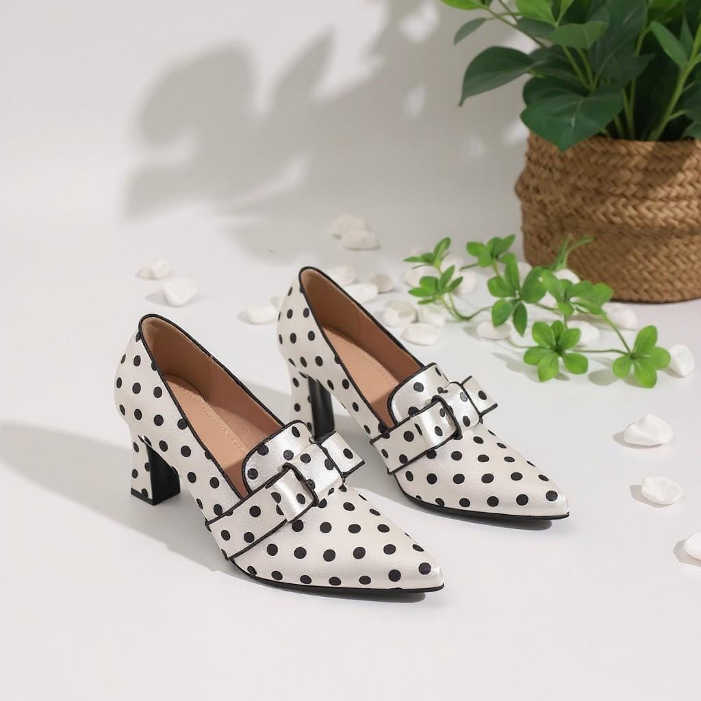 White Polka Dot Pumps, Bow Block Heels, Black and White Retro Dress Shoes