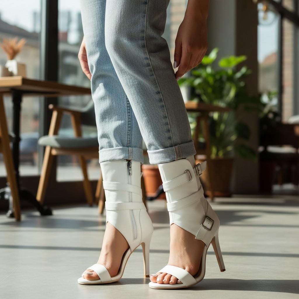 White Open Toe Ankle Booties, Buckle Cutout High Heel Boots, Strappy Stiletto Shoes