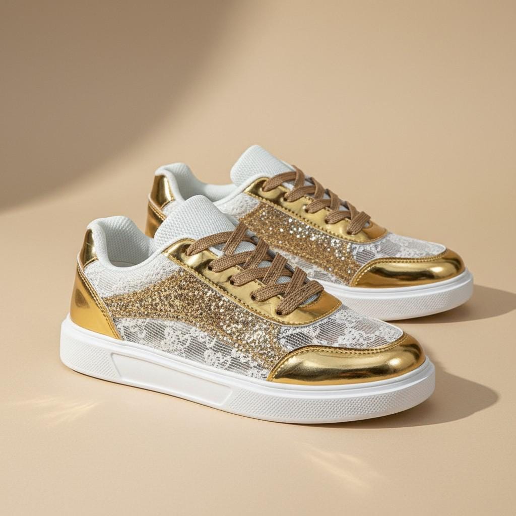 Gold Lace Platform Sneakers, Glitter Bridal Wedding Shoes