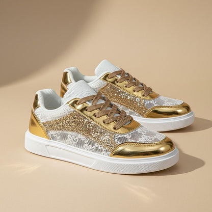 Gold Lace Platform Sneakers, Glitter Bridal Wedding Shoes