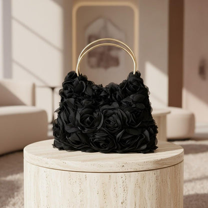 Black Rose Flower Handbag, 3D Floral Shoulder Bag, Black Flower Purse, Elegant Evening Bag, Gold Ring Handle Purse