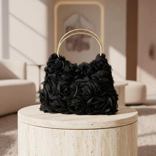 Black Rose Flower Handbag, 3D Floral Shoulder Bag, Black Flower Purse, Elegant Evening Bag, Gold Ring Handle Purse