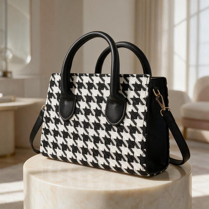 Houndstooth Handbag, Black White Top Handle Purse, Structured Shoulder Bag, Elegant Womens Handbag, Classic Checkered Purse