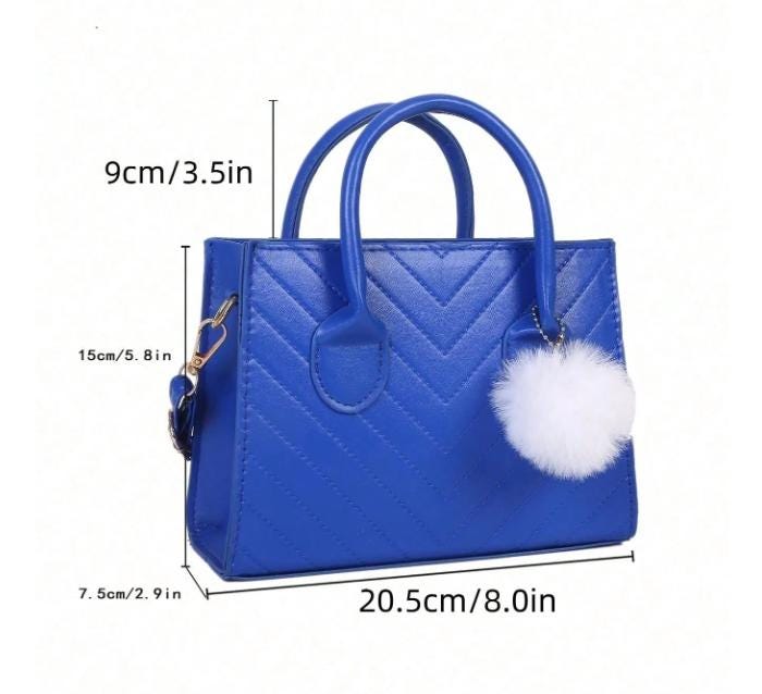 Royal Blue Handbag, Quilted Top Handle Purse, Blue Shoulder Bag with Pom Pom, Geometric Womens Purse, Cute Everyday Bag