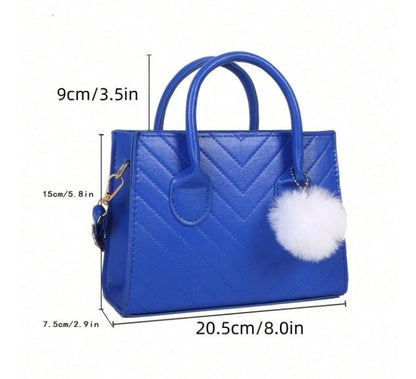 Royal Blue Handbag, Quilted Top Handle Purse, Blue Shoulder Bag with Pom Pom, Geometric Womens Purse, Cute Everyday Bag