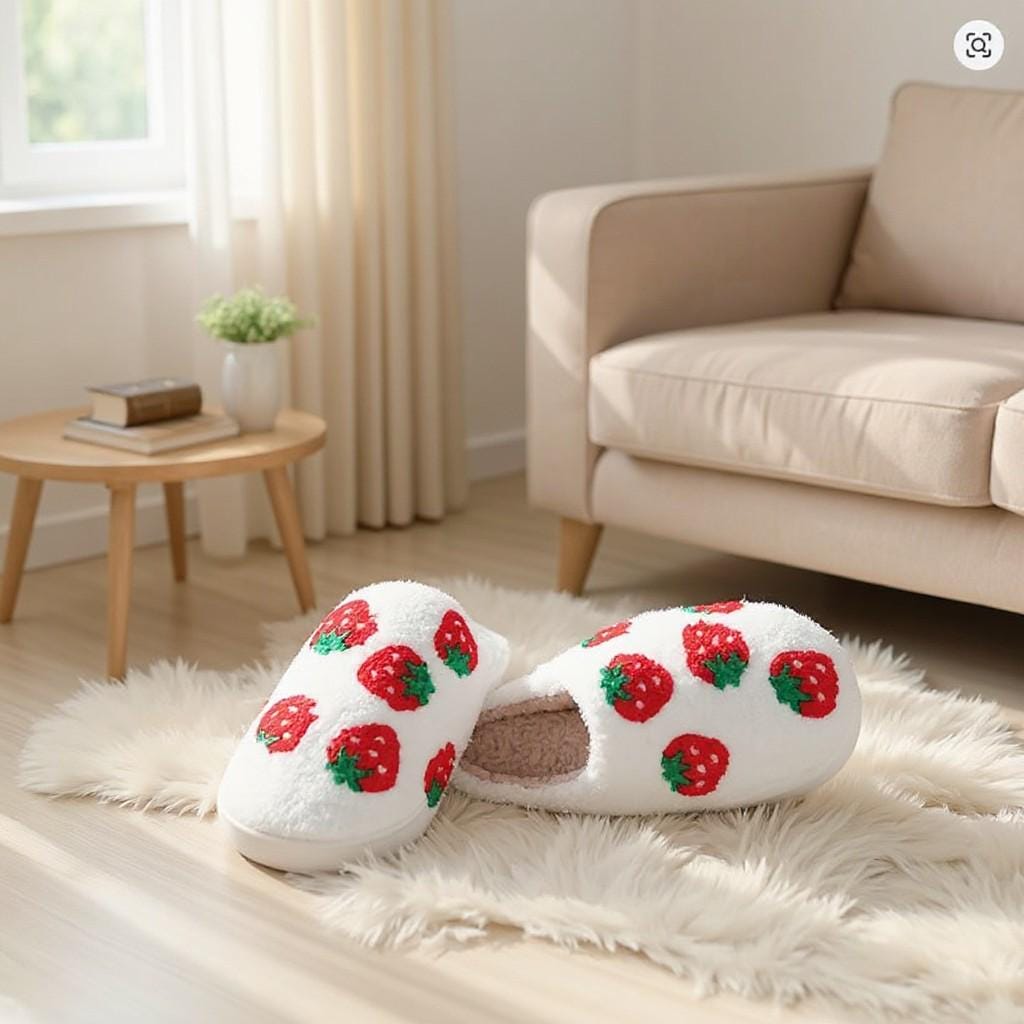 Strawberry Slippers, Cute Fuzzy House Shoes, Cozy Fruit Slippers