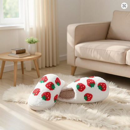 Strawberry Slippers, Cute Fuzzy House Shoes, Cozy Fruit Slippers