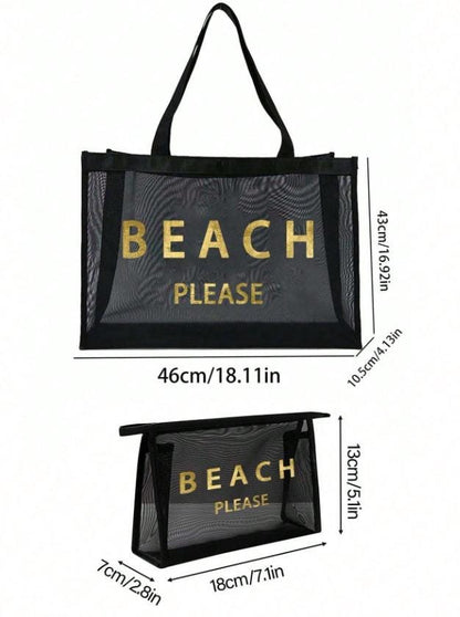 Black Mesh Beach Tote Bag, Beach Bag Set with Pouch, Summer Vacation Tote, Poolside Travel Bag, Coastal Carryall