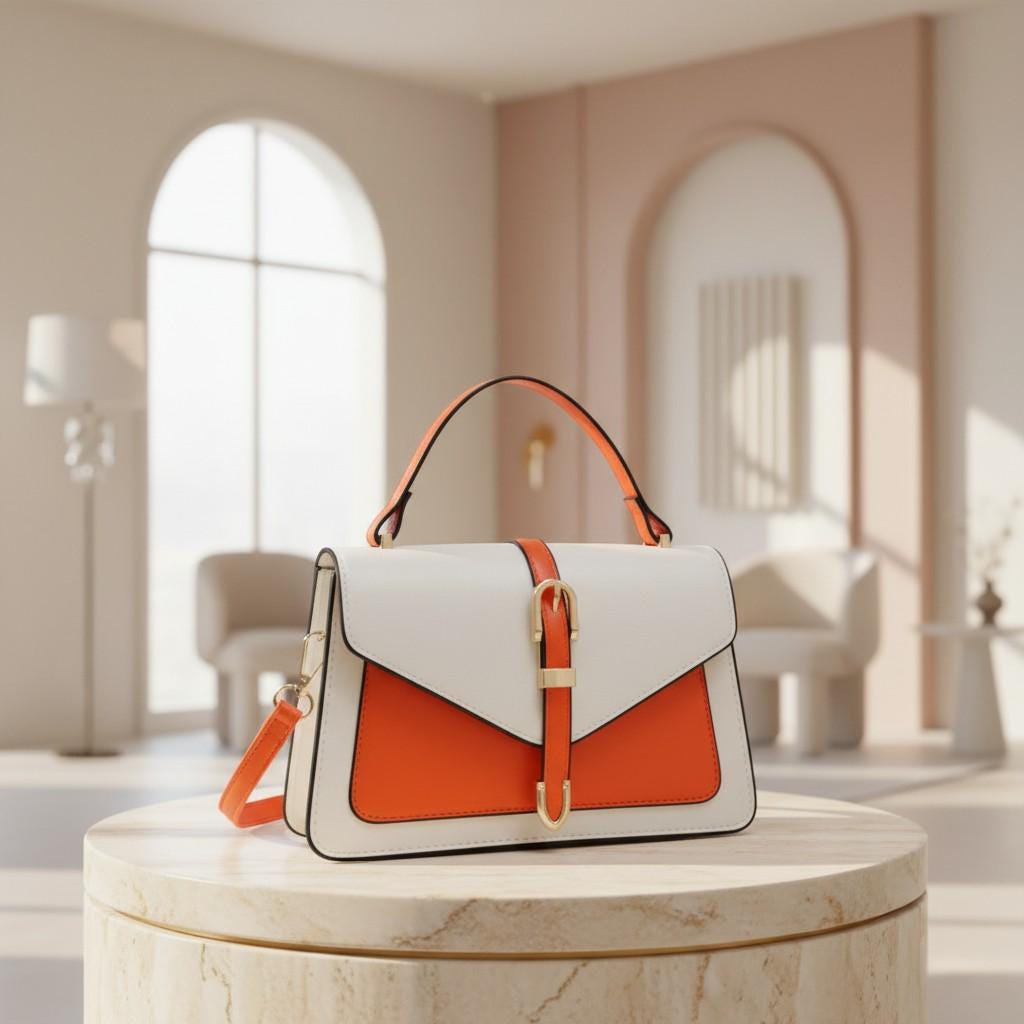 White Orange Colorblock Handbag, Top Handle Crossbody Bag, Buckle Flap Purse, Structured Shoulder Bag, Chic Everyday Bag