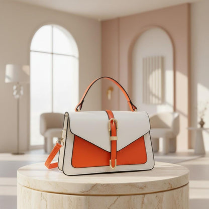 White Orange Colorblock Handbag, Top Handle Crossbody Bag, Buckle Flap Purse, Structured Shoulder Bag, Chic Everyday Bag