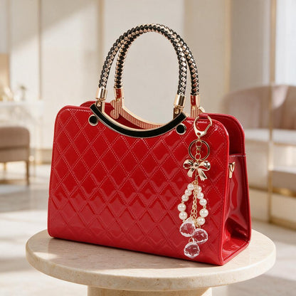 Red Quilted Handbag, Pearl Charm Purse, Glossy Top Handle Bag, Red Shoulder Bag, Elegant Crossbody Tote, Women's Bag