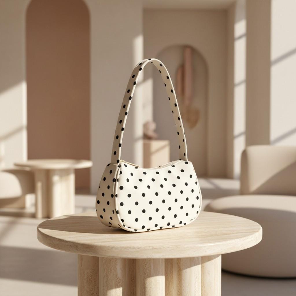 Polka Dot Shoulder Bag, Black and White Baguette Purse, Cute Underarm Handbag, Retro Print Y2K Bag, Women's Small Bag