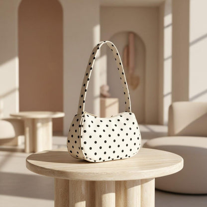 Polka Dot Shoulder Bag, Black and White Baguette Purse, Cute Underarm Handbag, Retro Print Y2K Bag, Women's Small Bag