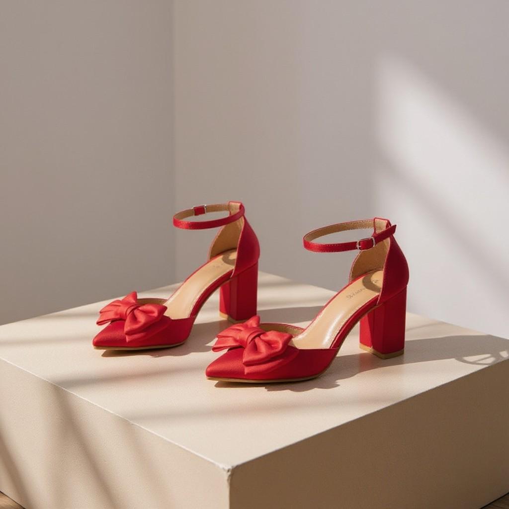 Red Bow Heels, Ankle Strap Pumps, Block Heel Shoes, Red High Heels, Closed Toe Party Shoes, Feminine Dress Shoes