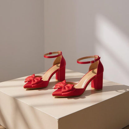 Red Bow Heels, Ankle Strap Pumps, Block Heel Shoes, Red High Heels, Closed Toe Party Shoes, Feminine Dress Shoes