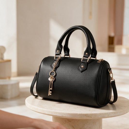 Black Structured Satchel, Women's Top Handle Bag, Crossbody Handbag, Black Shoulder Purse, Key Charm Bag, Elegant Handbag