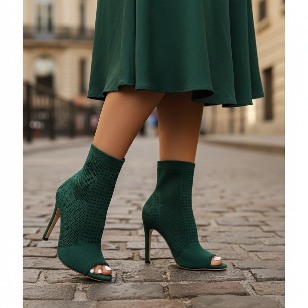 Green Mesh Peep Toe Booties, Emerald Open Toe High Heel Ankle Boots, Women's Stiletto Shoes