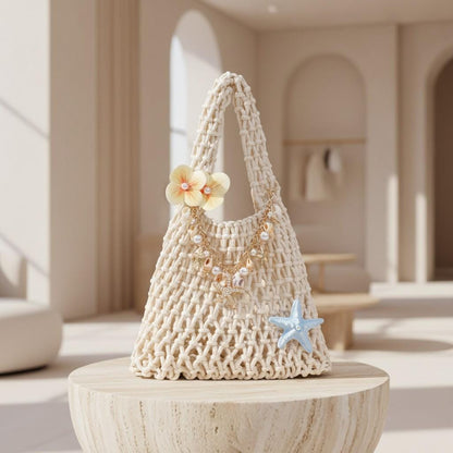 Crochet Beach Bag, Coastal Shoulder Bag, Boho Summer Purse, Shell Charm Bag, Starfish Pearl Handbag